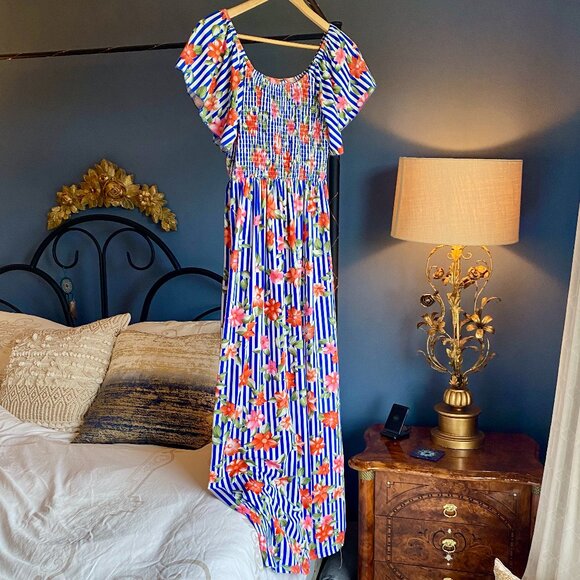 Summer Beachy Blue and White Stripe Floral Dress - Picture 1 of 6